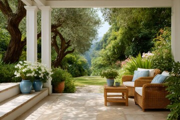 Mediterranean patio overlooking beautiful green garden with olive trees