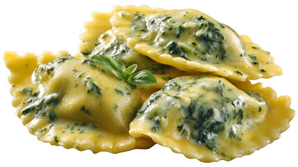 A group of four cooked ravioli, generously covered in a green, creamy spinach sauce and garnished with a fresh basil leaf, isolated on a white background.