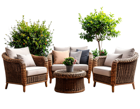 Outdoor wicker patio furniture set, 3 pieces, transparent background