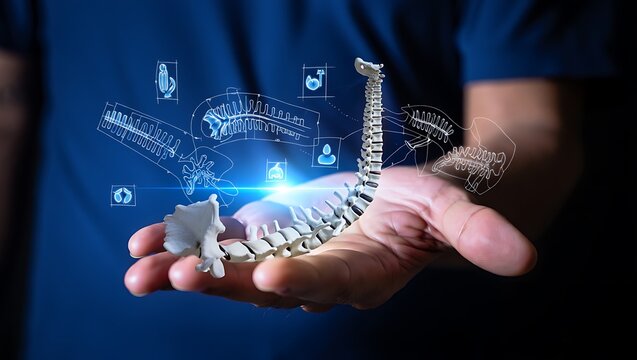 Spine Model on Hand with Blue Digital Overlay for Medical Research and Technology Applications with Healthcare Concepts