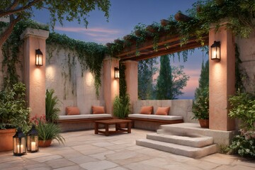 Naklejka premium Cozy patio with pergola and lanterns illuminating the twilight scene