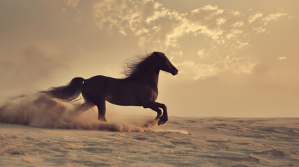 Fototapeta premium Majestic horse running through golden desert dust under a warm sunset, capturing dynamic motion.