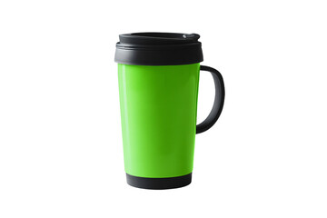 a green and black coffee mug with a black lid