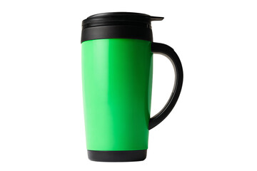 a green coffee mug with a black lid