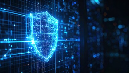Digital shield security protection technology concept with glowing blue hologram armor and network digital lines representing cybersecurity defense