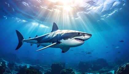Naklejka premium Majestic great white shark in sunlit underwater scene