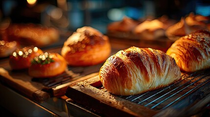 Fresh pastries displayed on bakery rack with warm lighting representing dessert, breakfast, and artisanal baking
