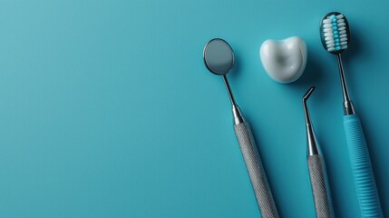 Dental Hygiene: Tools and a Healthy Tooth on Blue Background