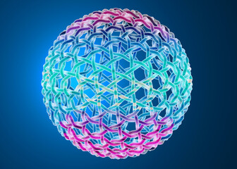 Intricate multicolored geometric sphere against a blue background.