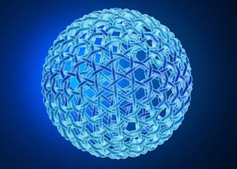 Intricate blue geometric sphere with lattice pattern on a dark background.