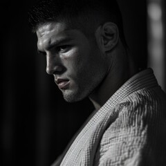 The Focused Fighter: A Black and White Portrait of a Determined Martial Artist