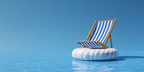 Sommerstrandkonzept, Stuhl mit Schwimmring, der auf blauem Hintergrund ist.  Sommer Strand Urlaub