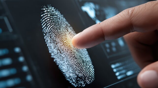 A finger is scanning a digital fingerprint on a touchscreen for biometric authentication.