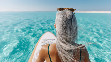Elderly caucasian female paddleboarding on clear blue ocean, rear view