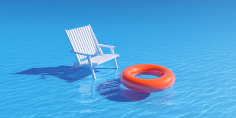 Sommerstrandkonzept, Stuhl mit Schwimmring, der auf blauem Hintergrund ist.  Sommer Strand Urlaub