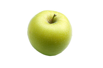 a green apple with a leaf sticking out of it