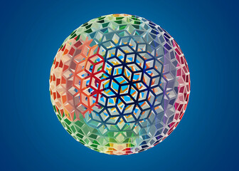 A vibrant geometric sphere with intricate patterns on a blue background, showcasing a mesmerizing interplay of colors and shapes.
