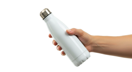 Person's hand holding a white reusable water bottle with a silver cap, perfect for hydration and eco-conscious living