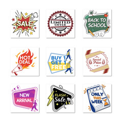A vibrant vector sticker set designed for promotional campaigns. Includes "SALE", "LIMITED OFFER", "BACK TO SCHOOL", "HOT DEAL", and more.