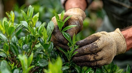 Gardener pruning green bush, outdoor maintenance, plant care, landscaping job, home garden scene, eco activity