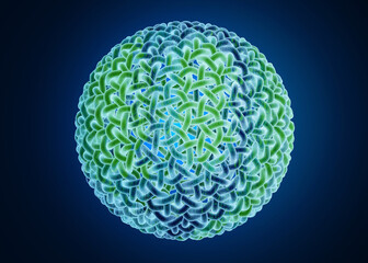 Intricate geometric sphere with interwoven patterns on a dark blue background.
