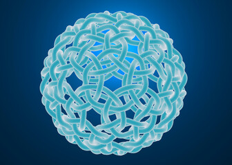 Intricate 3D geometric sphere with intertwining loops against a gradient blue background.