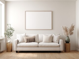 Modern minimalist living room with blank art