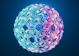 Colorful 3D intertwined geometric sphere with glowing neon hues on a dark background.