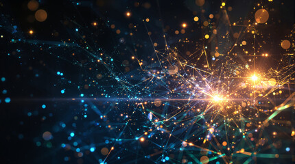 Fototapeta premium Abstract digital artwork depicting a chaotic network of glowing lines and particles, predominantly blue and gold, radiating from a central, bright explosion against a dark background