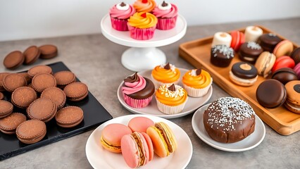 A delightful array of sweet treats, cupcakes, macarons, and cookies, a tempting spread for any occasion.