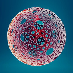 Intricate 3D-printed geometric sphere with complex patterns against a gradient blue background.