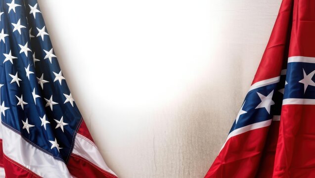 Patriotic Display American and Confederate Flags Framing a White Backdrop Symbolizing Division and Remembrance