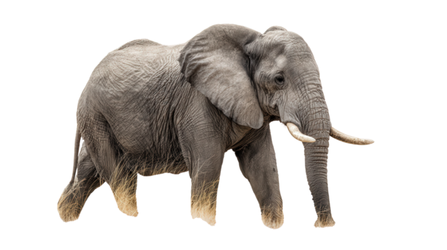 African Elephant in the Wild: A majestic African elephant walking through the savannah, isolated on a Transparent background, PNG file.