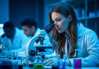 A scientist woman working hard to learn new things in a science lab. Exploring and finding out cool stuff using science tools. Generative AI.