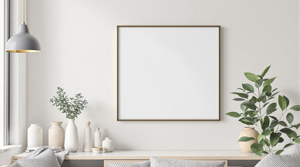 Minimalist interior scene featuring a large, square, blank frame on a light grey wall, flanked by a small plant and a collection of vases and greenery on a console table, all in muted, neutral tones, 