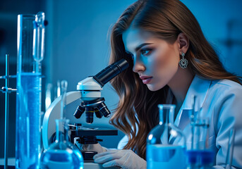 A scientist woman working hard to learn new things in a science lab. Exploring and finding out cool stuff using science tools. Generative AI.