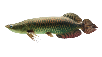 Arapaima Fish Swimming: An arapaima fish swimming in a river, isolated on a Transparent background, PNG file.