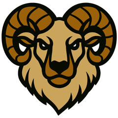 Stylized ram head with large curved horns and detailed features in brown tones