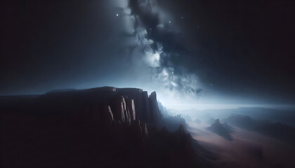 Starry Night Over Desert Cliffs. A cinematic night scene showing desert cliffs beneath a clear star-filled sky.