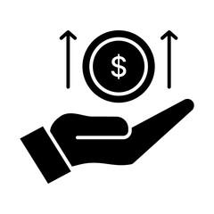 profit, hand holding a coin and upward arrows glyph icon