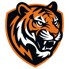fierce orange and black tiger head logo, snarling with bared fangs, set against a dark shield background