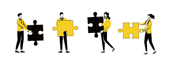 People working together with giant puzzle elements. Symbol of partnership and collaboration. Flat vector illustration