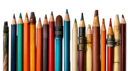 Art Supplies for Drawing: A flat lay of art supplies for drawing like pencils, charcoal, and sketchbooks, isolated on a Transparent background, PNG file.