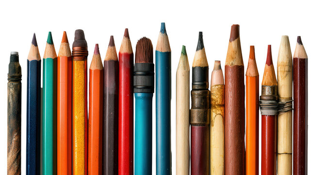 Art Supplies for Drawing: A flat lay of art supplies for drawing like pencils, charcoal, and sketchbooks, isolated on a Transparent background, PNG file.