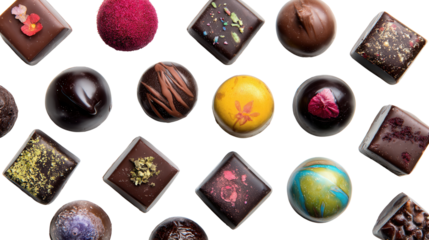 Artisanal Chocolates: A flat lay of artisanal chocolates with various flavors and shapes, isolated on a Transparent background, PNG file.