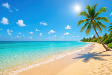 Fototapeta premium Clear water laps at a sandy shore lined with palm trees.