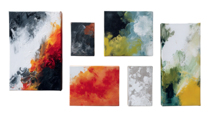 Artistic Abstract Paintings: A flat lay of artistic abstract paintings with bold strokes and vibrant colors, isolated on a Transparent background, PNG file.
