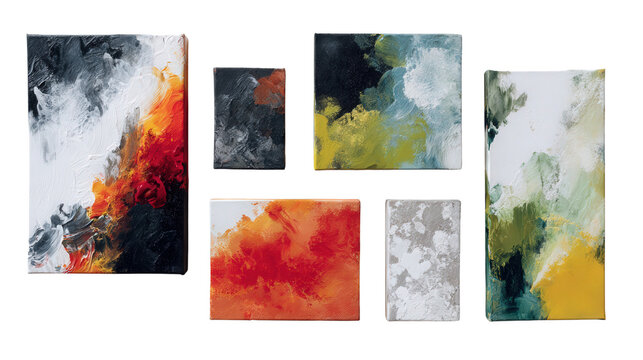 Artistic Abstract Paintings: A flat lay of artistic abstract paintings with bold strokes and vibrant colors, isolated on a Transparent background, PNG file.
