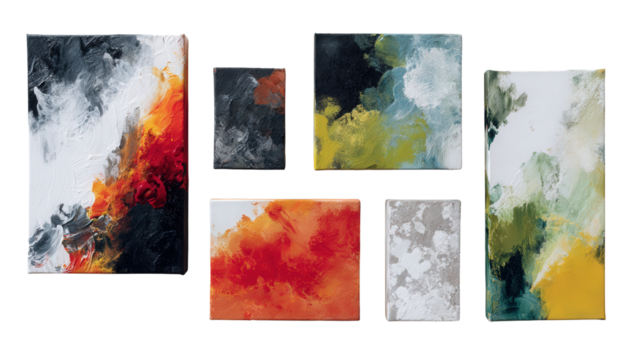 Artistic Abstract Paintings: A flat lay of artistic abstract paintings with bold strokes and vibrant colors, isolated on a Transparent background, PNG file.