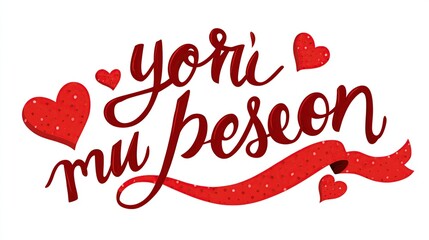 Yori mu peseon" script with hearts and ribbon, against a white background